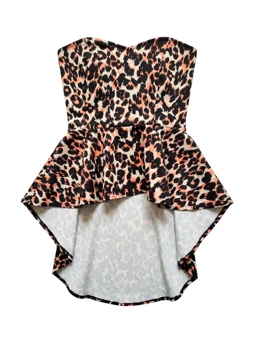 Love J Leopard Print Strapless Peplum Top High-Low Sweetheart Animal Print